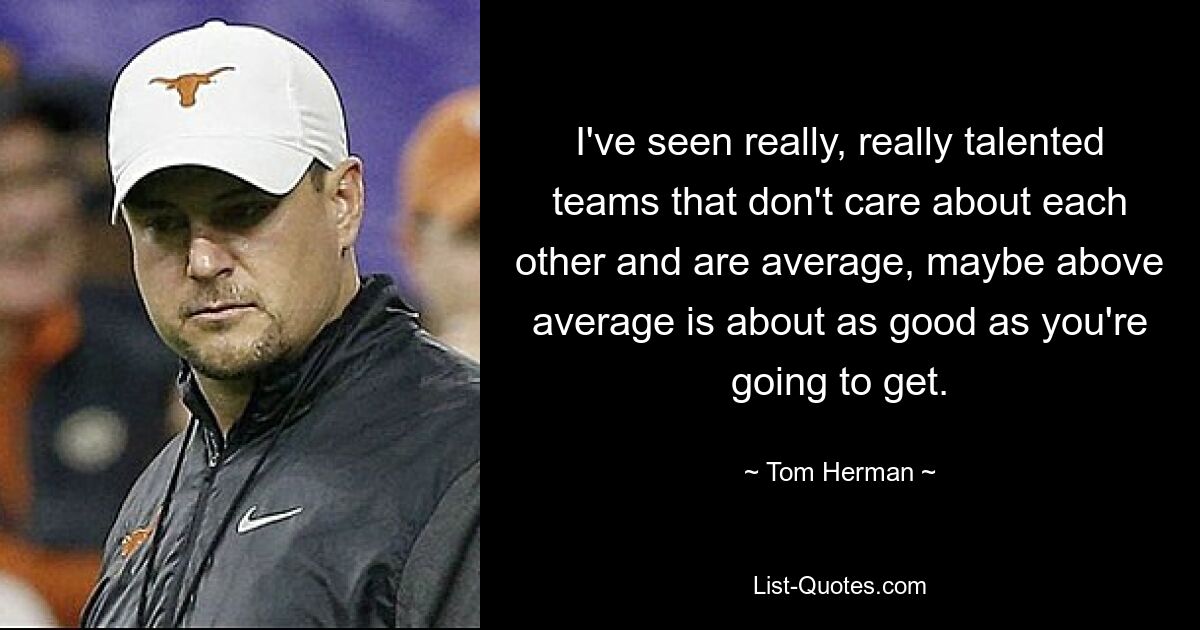 I've seen really, really talented teams that don't care about each other and are average, maybe above average is about as good as you're going to get. — © Tom Herman