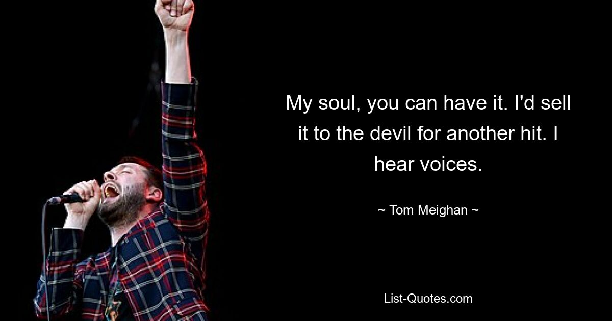 My soul, you can have it. I'd sell it to the devil for another hit. I hear voices. — © Tom Meighan