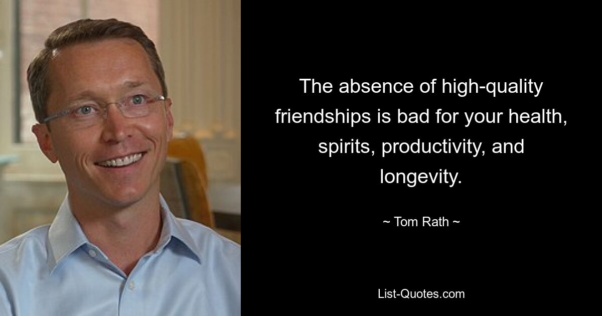 The absence of high-quality friendships is bad for your health, spirits, productivity, and longevity. — © Tom Rath