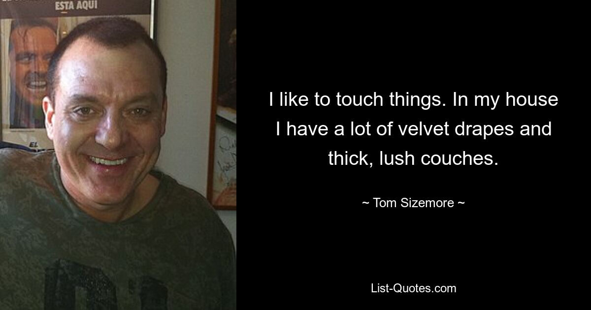 I like to touch things. In my house I have a lot of velvet drapes and thick, lush couches. — © Tom Sizemore