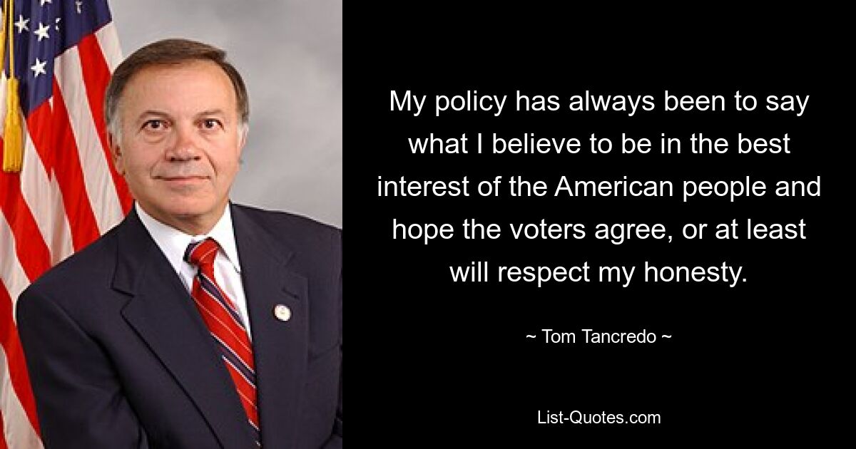 My policy has always been to say what I believe to be in the best interest of the American people and hope the voters agree, or at least will respect my honesty. — © Tom Tancredo