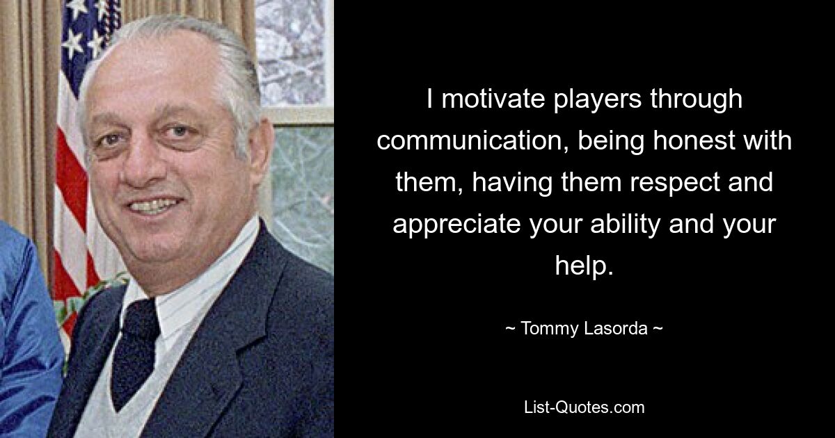 I motivate players through communication, being honest with them, having them respect and appreciate your ability and your help. — © Tommy Lasorda