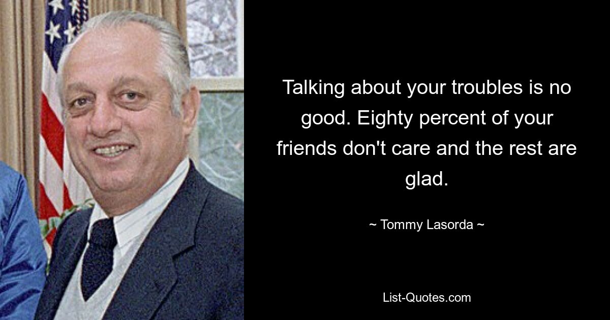 Talking about your troubles is no good. Eighty percent of your friends don't care and the rest are glad. — © Tommy Lasorda