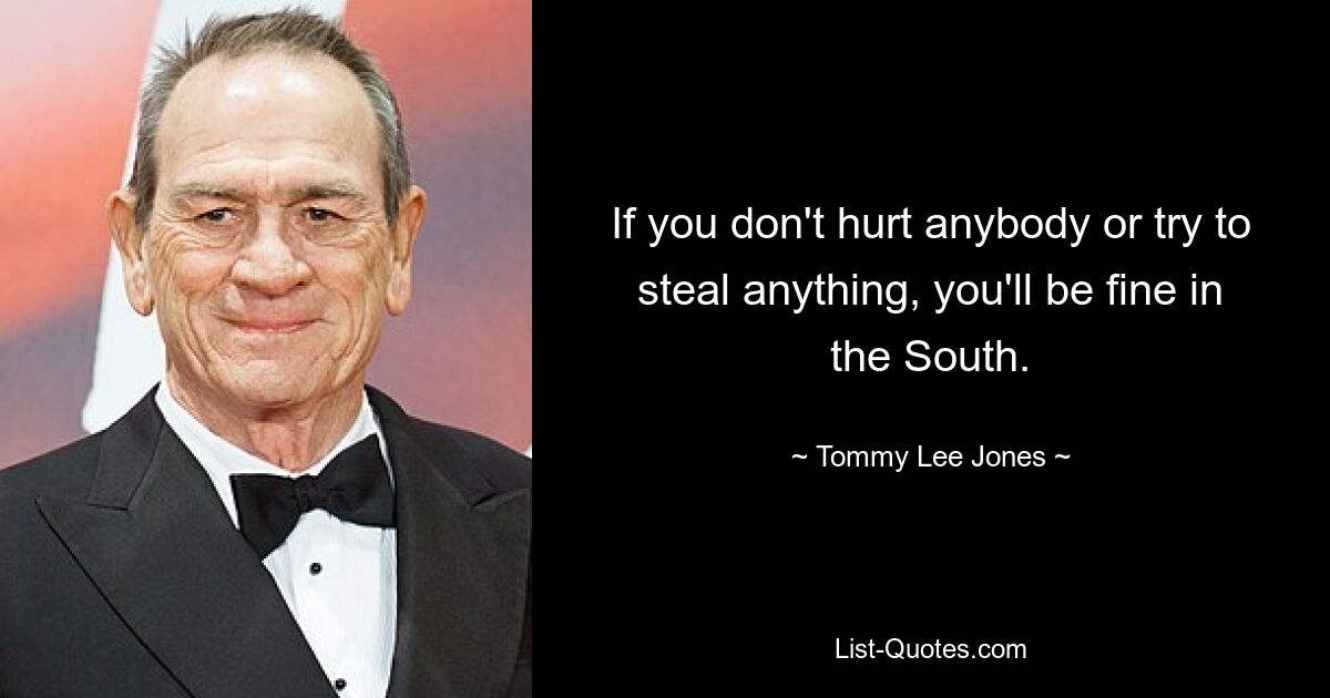 If you don't hurt anybody or try to steal anything, you'll be fine in the South. — © Tommy Lee Jones