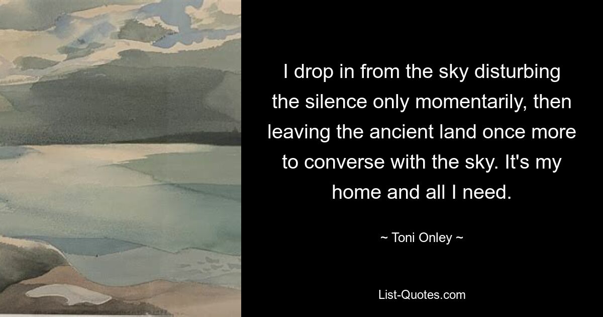 I drop in from the sky disturbing the silence only momentarily, then leaving the ancient land once more to converse with the sky. It's my home and all I need. — © Toni Onley