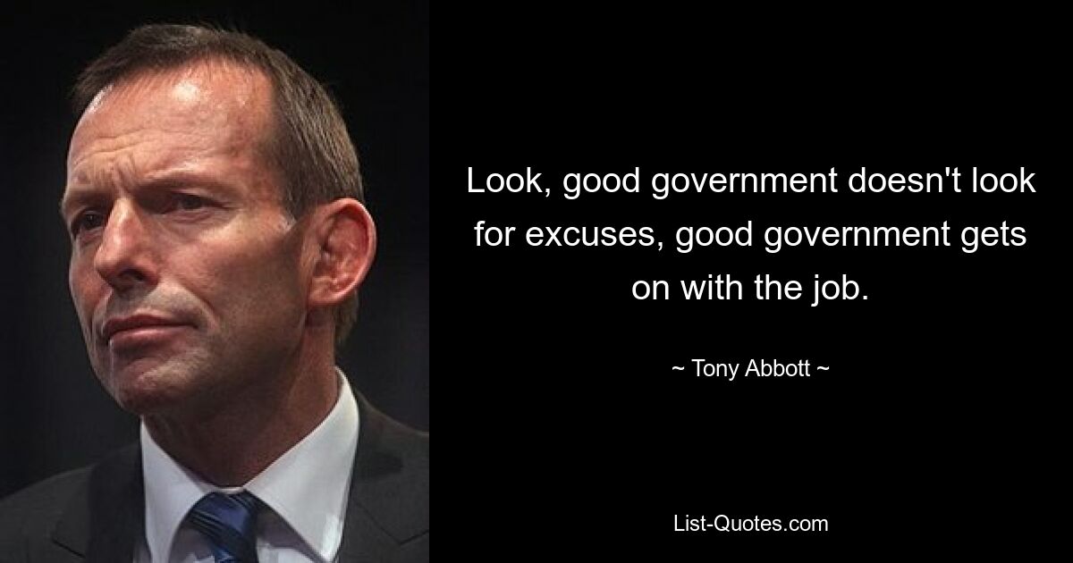 Look, good government doesn't look for excuses, good government gets on with the job. — © Tony Abbott