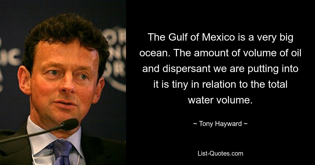 The Gulf of Mexico is a very big ocean. The amount of volume of oil and dispersant we are putting into it is tiny in relation to the total water volume. — © Tony Hayward