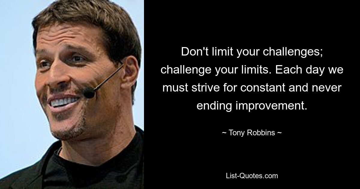 Don't limit your challenges; challenge your limits. Each day we must strive for constant and never ending improvement. — © Tony Robbins