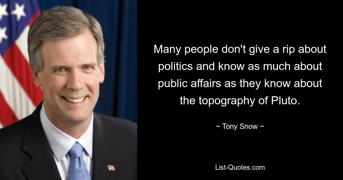 Many people don't give a rip about politics and know as much about public affairs as they know about the topography of Pluto. — © Tony Snow