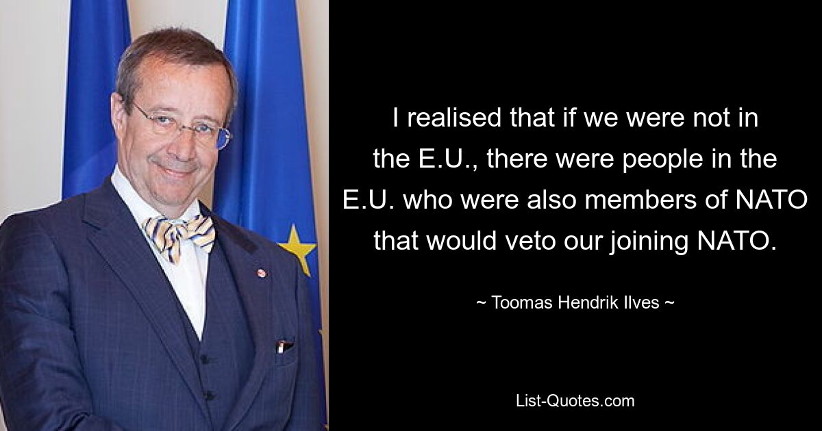 I realised that if we were not in the E.U., there were people in the E.U. who were also members of NATO that would veto our joining NATO. — © Toomas Hendrik Ilves