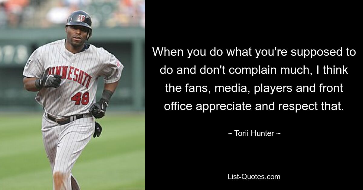 When you do what you're supposed to do and don't complain much, I think the fans, media, players and front office appreciate and respect that. — © Torii Hunter