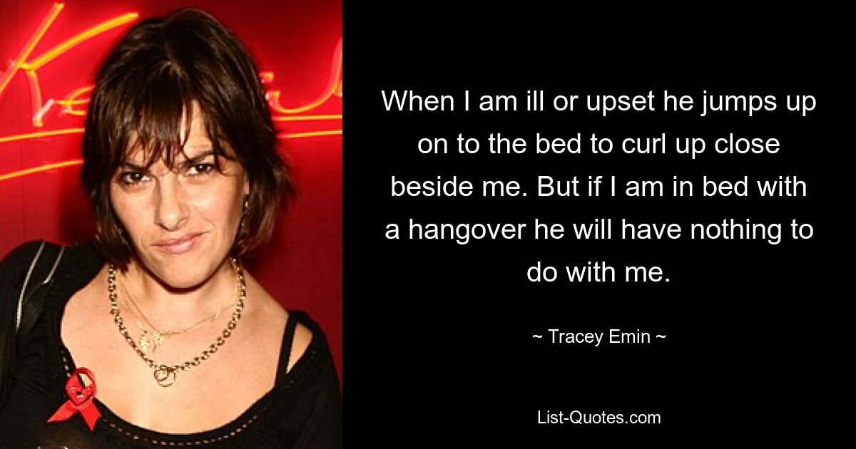 When I am ill or upset he jumps up on to the bed to curl up close beside me. But if I am in bed with a hangover he will have nothing to do with me. — © Tracey Emin