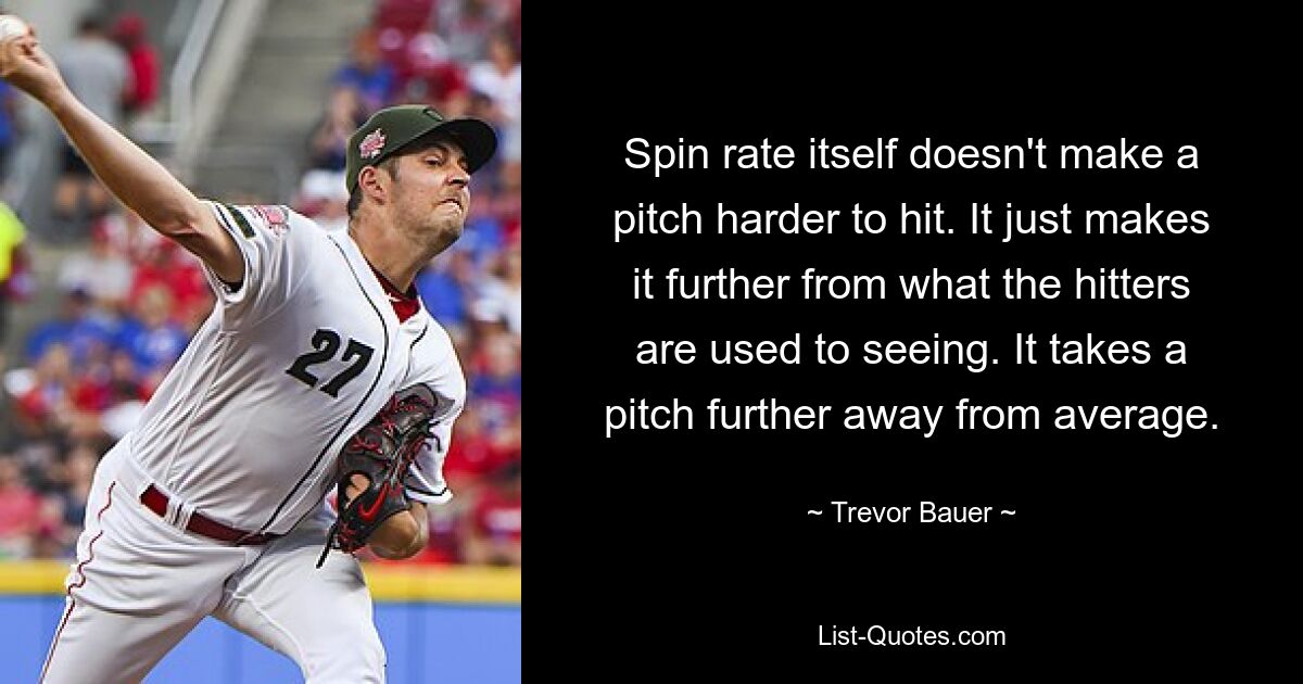 Spin rate itself doesn't make a pitch harder to hit. It just makes it further from what the hitters are used to seeing. It takes a pitch further away from average. — © Trevor Bauer