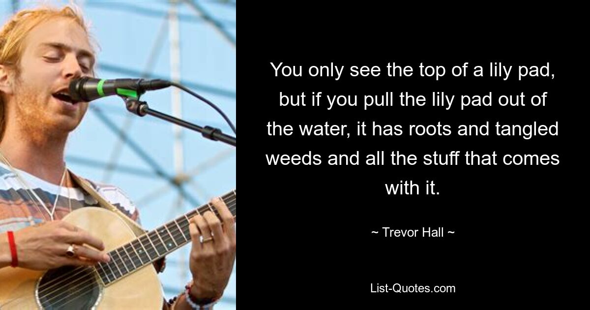 You only see the top of a lily pad, but if you pull the lily pad out of the water, it has roots and tangled weeds and all the stuff that comes with it. — © Trevor Hall