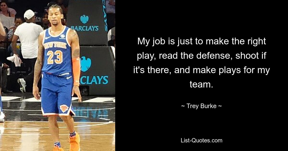 My job is just to make the right play, read the defense, shoot if it's there, and make plays for my team. — © Trey Burke