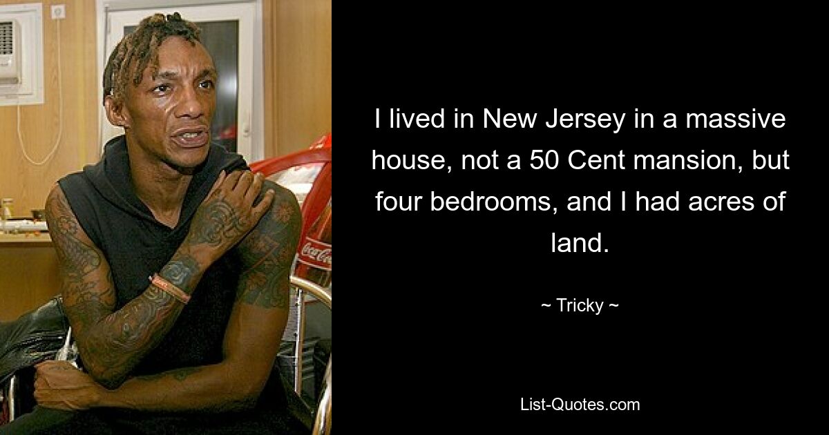 I lived in New Jersey in a massive house, not a 50 Cent mansion, but four bedrooms, and I had acres of land. — © Tricky