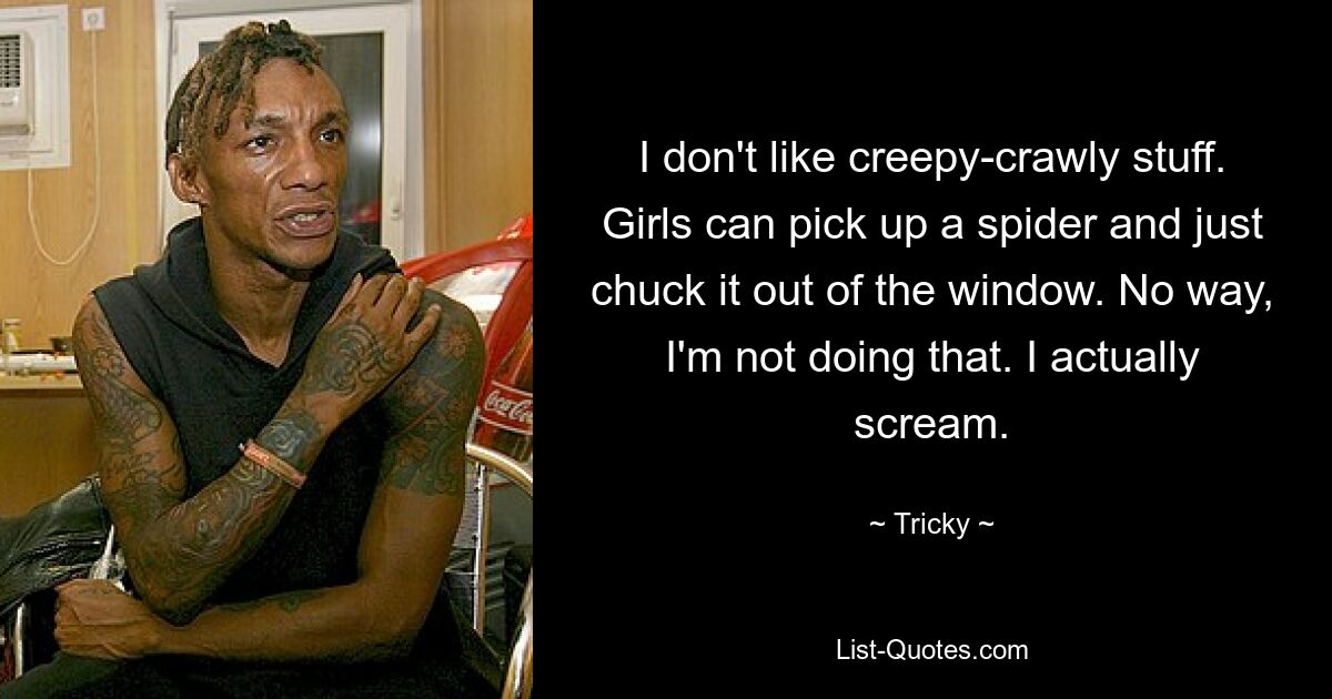 I don't like creepy-crawly stuff. Girls can pick up a spider and just chuck it out of the window. No way, I'm not doing that. I actually scream. — © Tricky