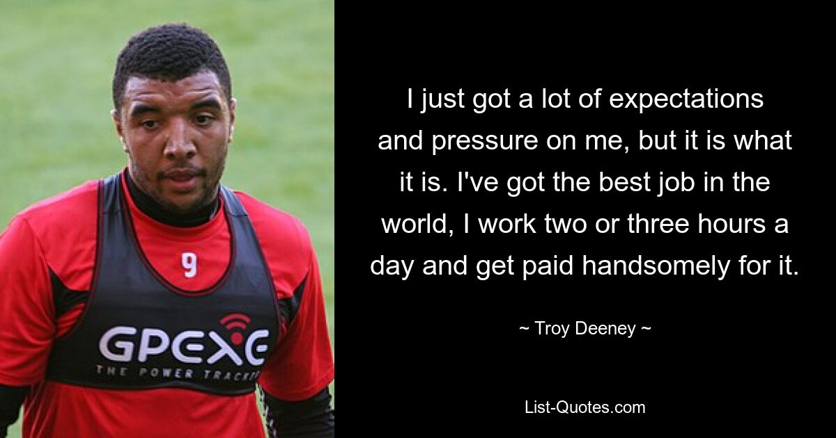 I just got a lot of expectations and pressure on me, but it is what it is. I've got the best job in the world, I work two or three hours a day and get paid handsomely for it. — © Troy Deeney