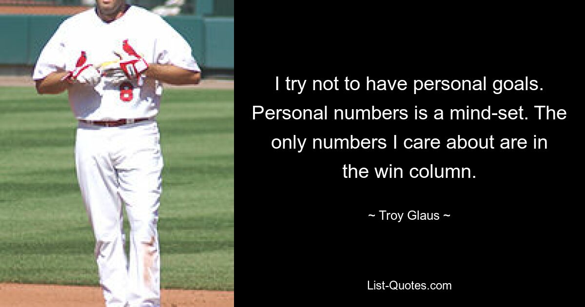 I try not to have personal goals. Personal numbers is a mind-set. The only numbers I care about are in the win column. — © Troy Glaus