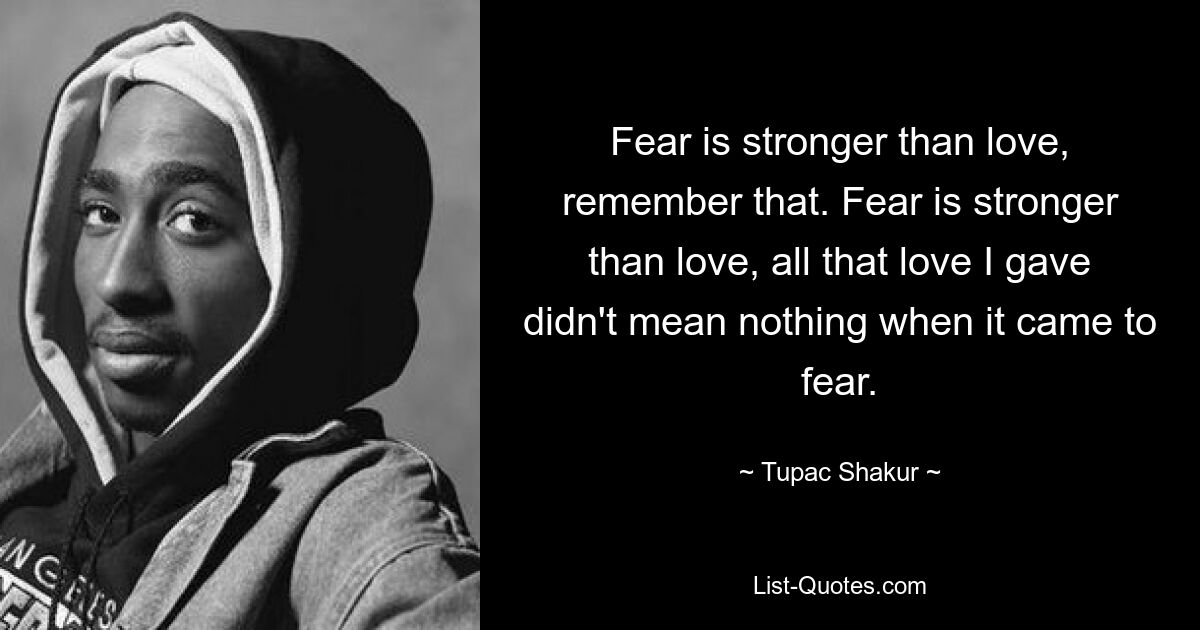 Fear is stronger than love, remember that. Fear is stronger than love, all that love I gave didn't mean nothing when it came to fear. — © Tupac Shakur