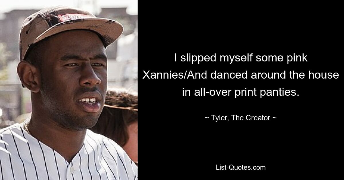 I slipped myself some pink Xannies/And danced around the house in all-over print panties. — © Tyler, The Creator