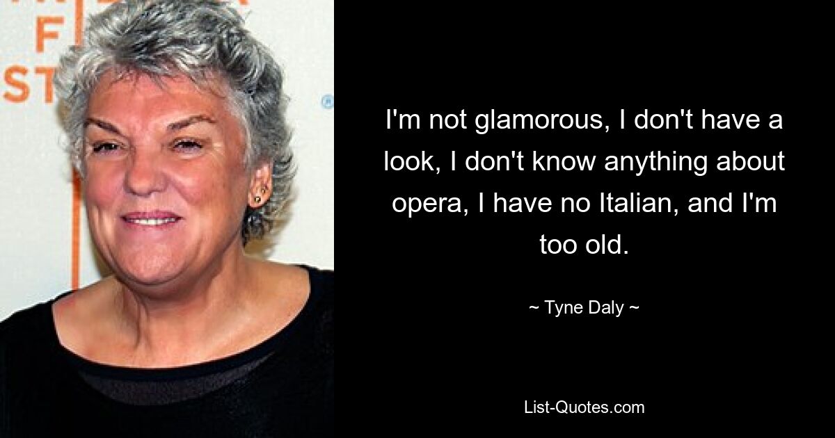 I'm not glamorous, I don't have a look, I don't know anything about opera, I have no Italian, and I'm too old. — © Tyne Daly