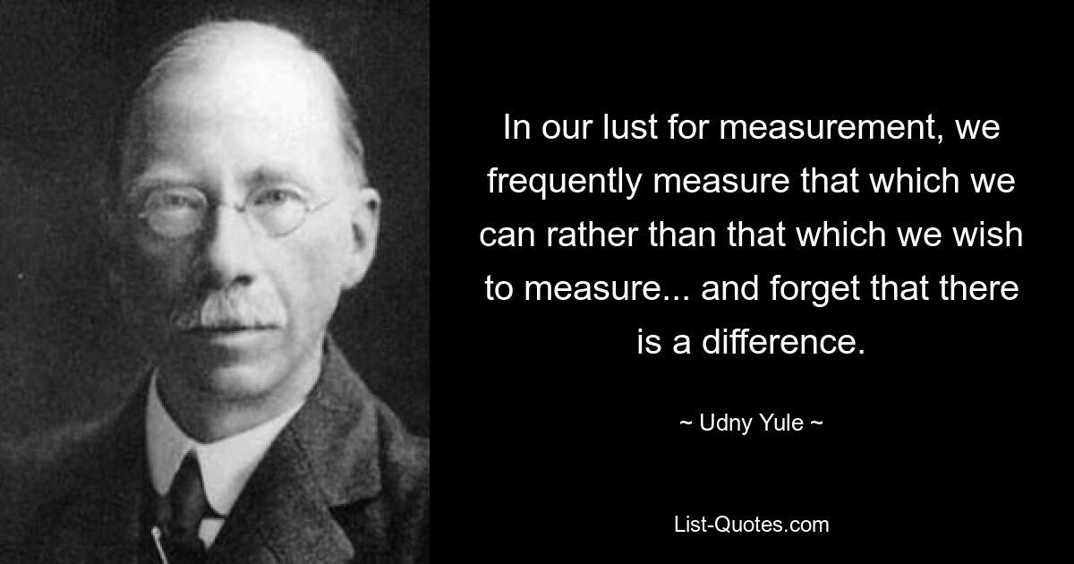 In our lust for measurement, we frequently measure that which we can rather than that which we wish to measure... and forget that there is a difference. — © Udny Yule