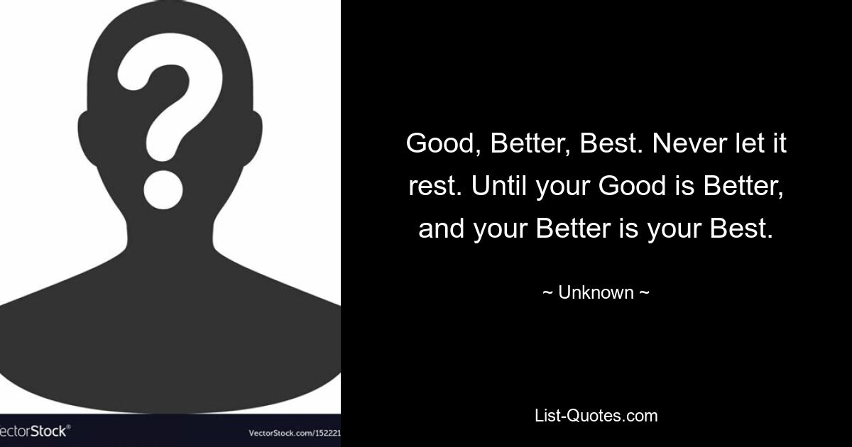 Good, Better, Best. Never let it rest. Until your Good is Better, and your Better is your Best. — © Unknown