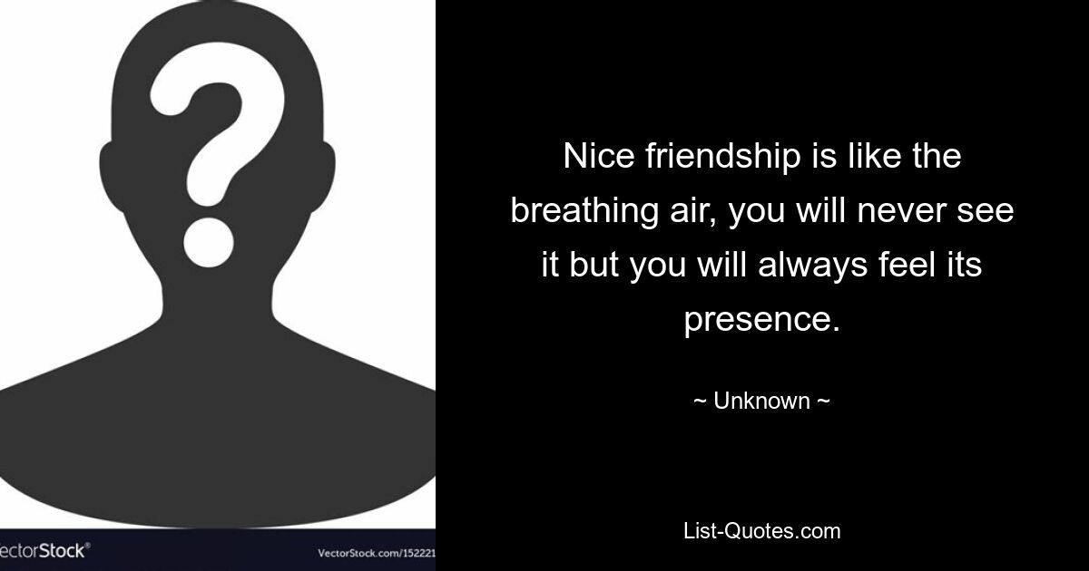 Nice friendship is like the breathing air, you will never see it but you will always feel its presence. — © Unknown