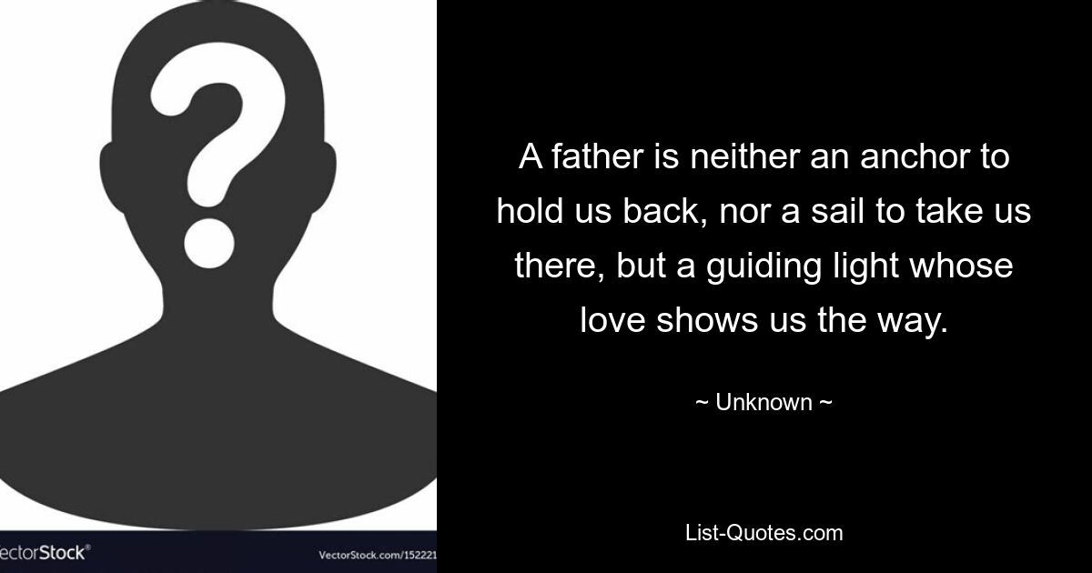 A father is neither an anchor to hold us back, nor a sail to take us there, but a guiding light whose love shows us the way. — © Unknown