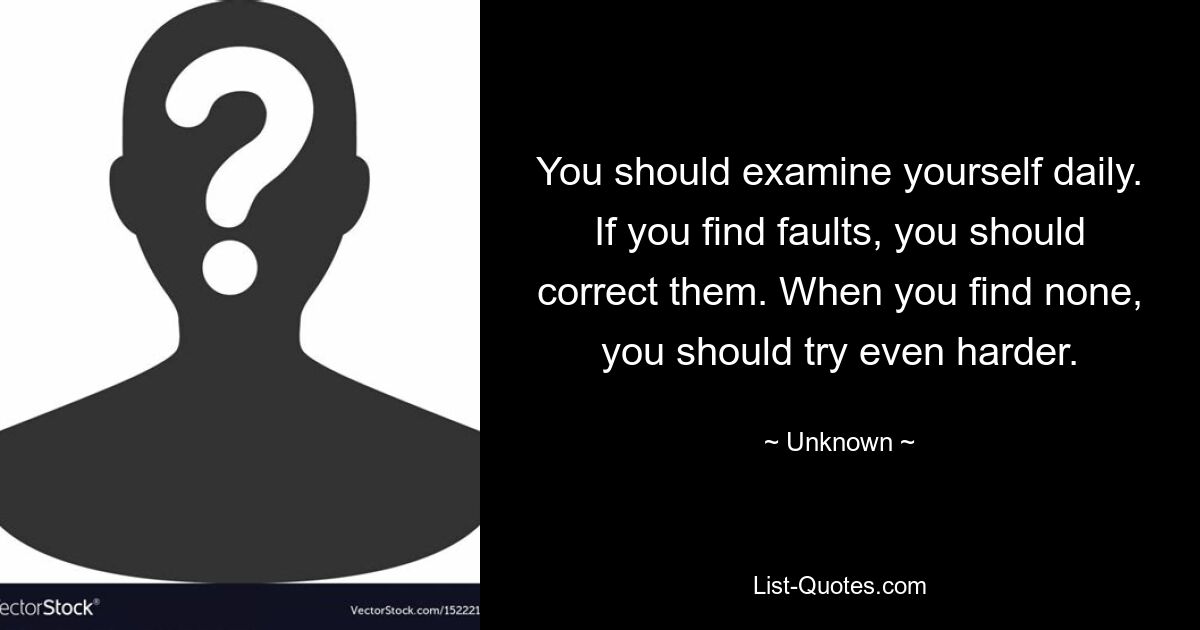 You should examine yourself daily. If you find faults, you should correct them. When you find none, you should try even harder. — © Unknown