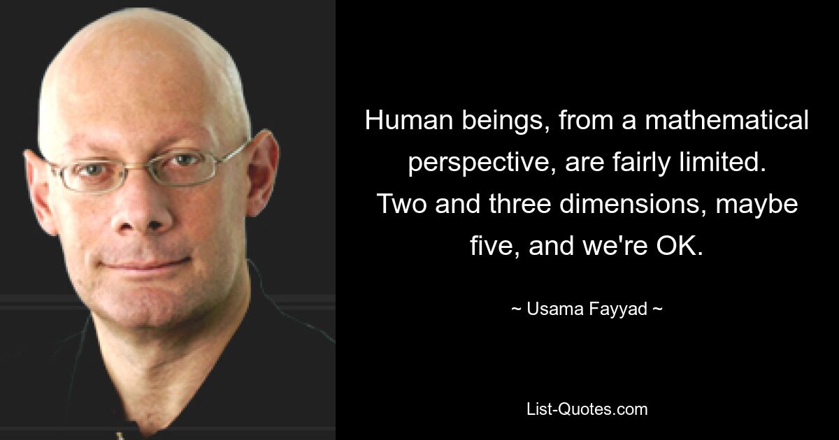 Human beings, from a mathematical perspective, are fairly limited. Two and three dimensions, maybe five, and we're OK. — © Usama Fayyad