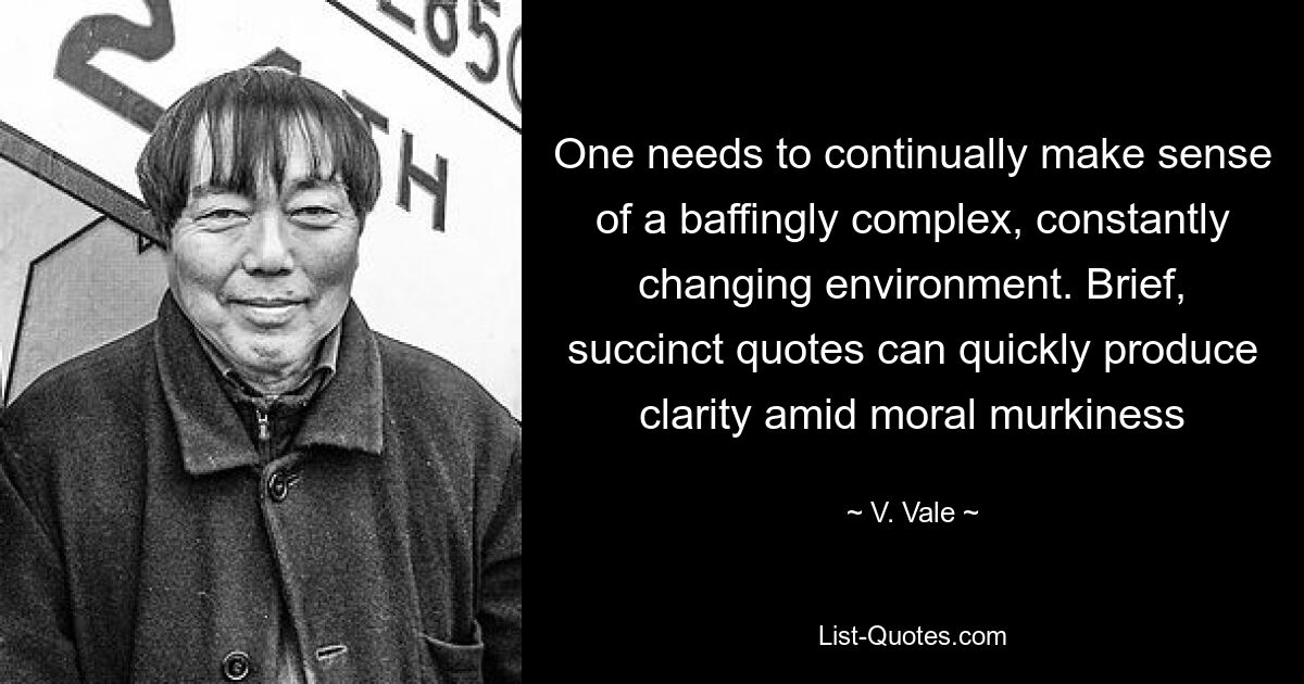 One needs to continually make sense of a baffingly complex, constantly changing environment. Brief, succinct quotes can quickly produce clarity amid moral murkiness — © V. Vale