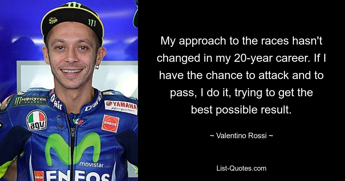 My approach to the races hasn't changed in my 20-year career. If I have the chance to attack and to pass, I do it, trying to get the best possible result. — © Valentino Rossi