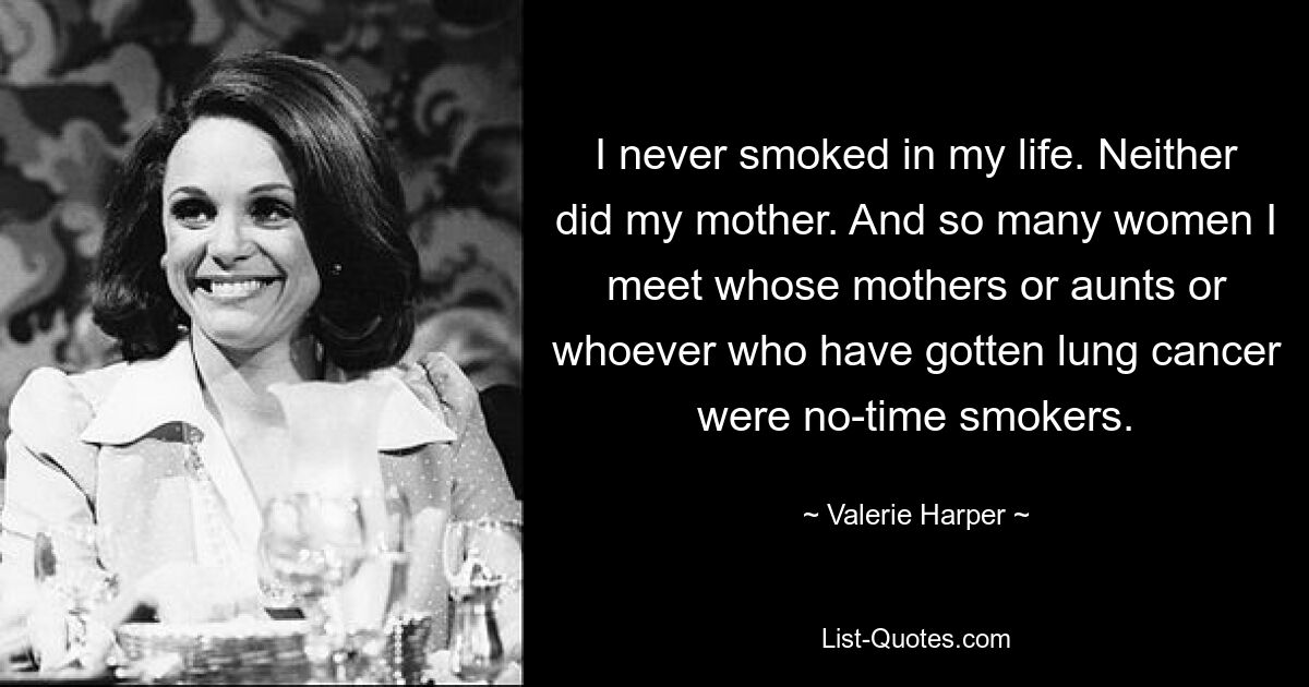 I never smoked in my life. Neither did my mother. And so many women I meet whose mothers or aunts or whoever who have gotten lung cancer were no-time smokers. — © Valerie Harper