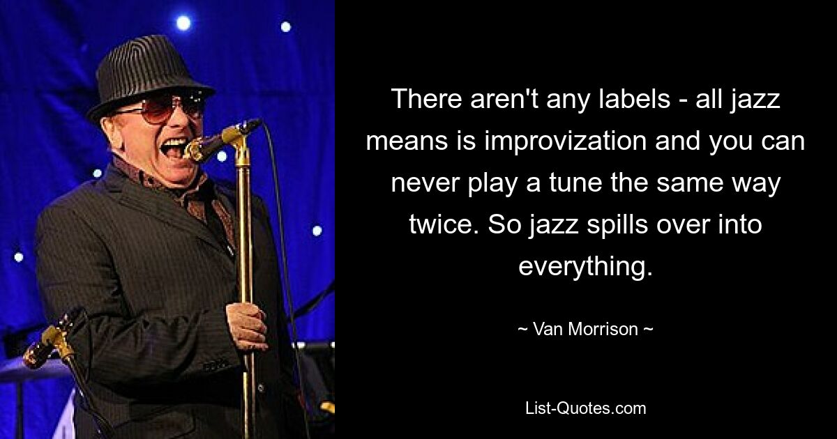 There aren't any labels - all jazz means is improvization and you can never play a tune the same way twice. So jazz spills over into everything. — © Van Morrison