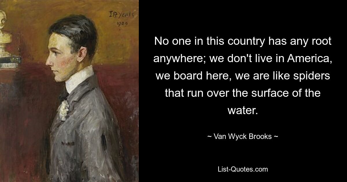 No one in this country has any root anywhere; we don't live in America, we board here, we are like spiders that run over the surface of the water. — © Van Wyck Brooks