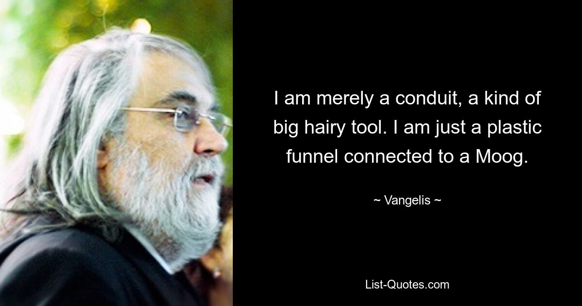 I am merely a conduit, a kind of big hairy tool. I am just a plastic funnel connected to a Moog. — © Vangelis