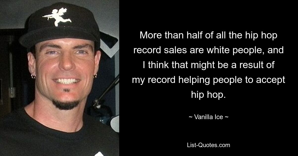 More than half of all the hip hop record sales are white people, and I think that might be a result of my record helping people to accept hip hop. — © Vanilla Ice