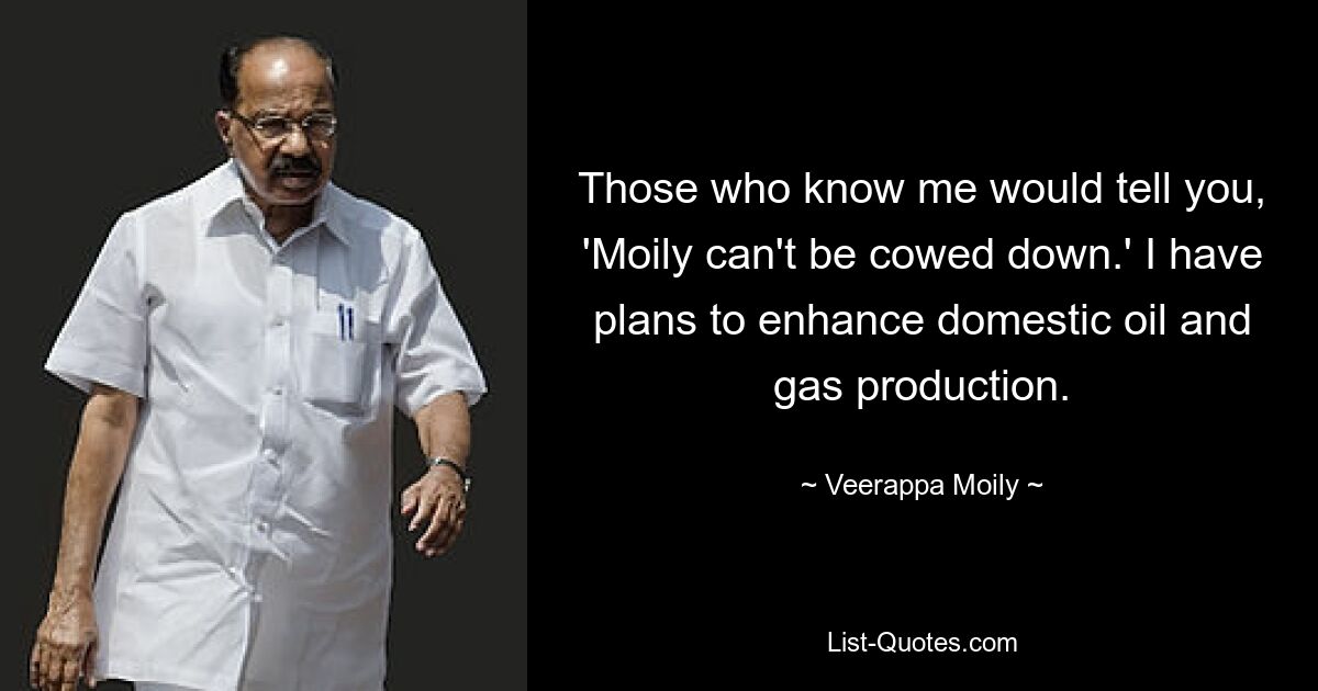 Those who know me would tell you, 'Moily can't be cowed down.' I have plans to enhance domestic oil and gas production. — © Veerappa Moily