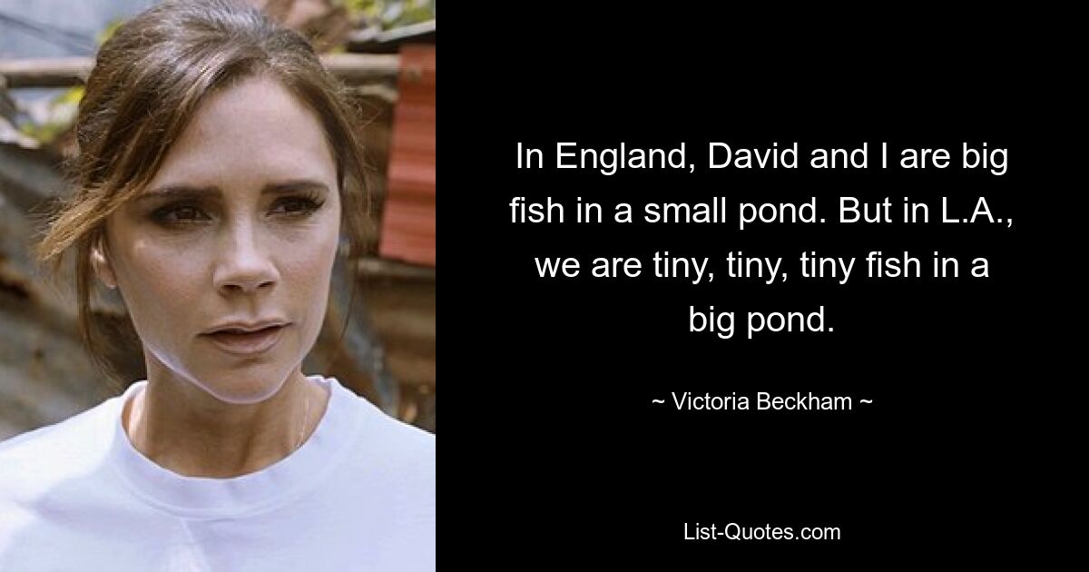 In England, David and I are big fish in a small pond. But in L.A., we are tiny, tiny, tiny fish in a big pond. — © Victoria Beckham