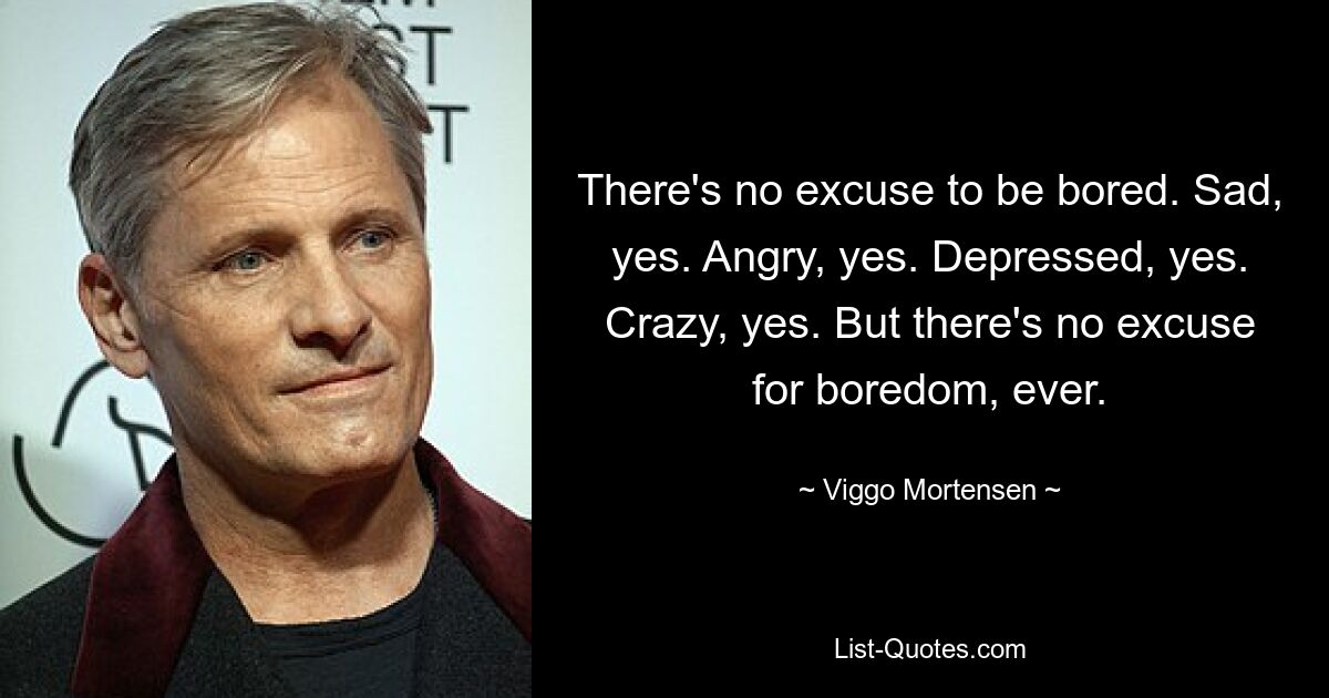 There's no excuse to be bored. Sad, yes. Angry, yes. Depressed, yes. Crazy, yes. But there's no excuse for boredom, ever. — © Viggo Mortensen