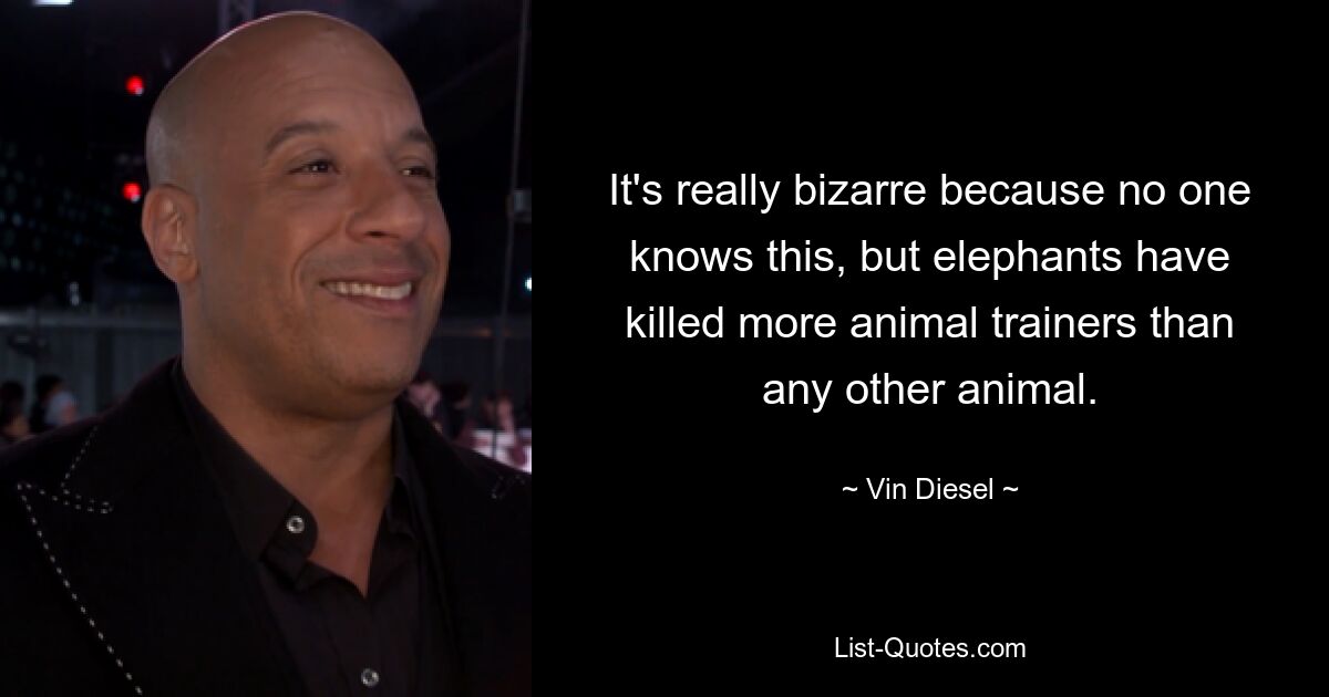 It's really bizarre because no one knows this, but elephants have killed more animal trainers than any other animal. — © Vin Diesel