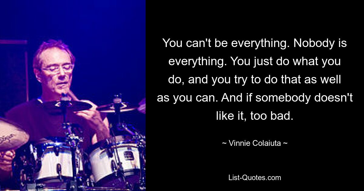 You can't be everything. Nobody is everything. You just do what you do, and you try to do that as well as you can. And if somebody doesn't like it, too bad. — © Vinnie Colaiuta