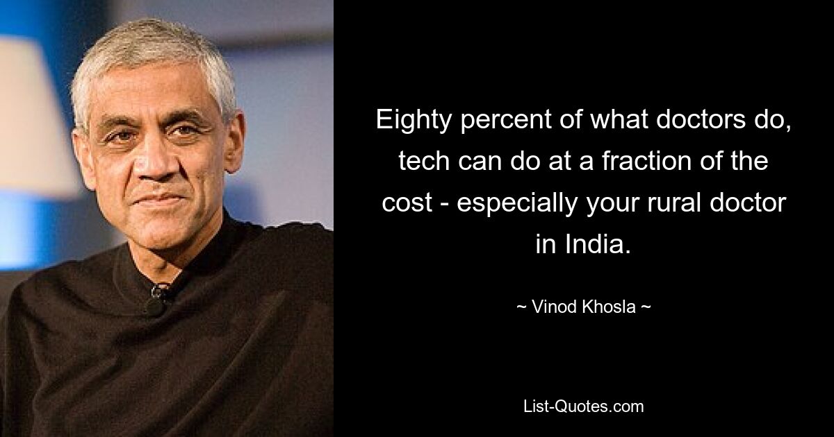 Eighty percent of what doctors do, tech can do at a fraction of the cost - especially your rural doctor in India. — © Vinod Khosla