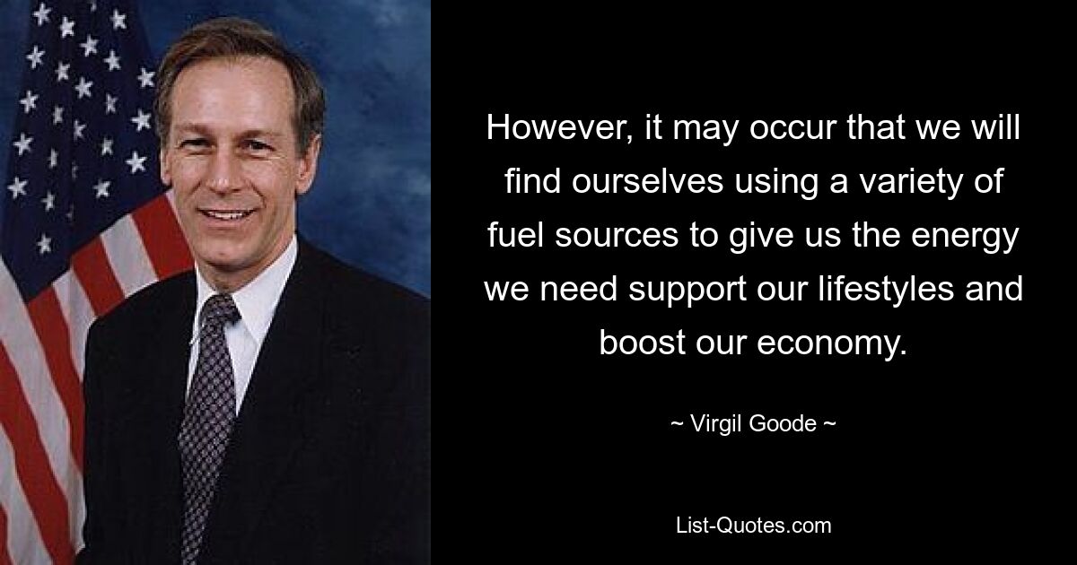 However, it may occur that we will find ourselves using a variety of fuel sources to give us the energy we need support our lifestyles and boost our economy. — © Virgil Goode