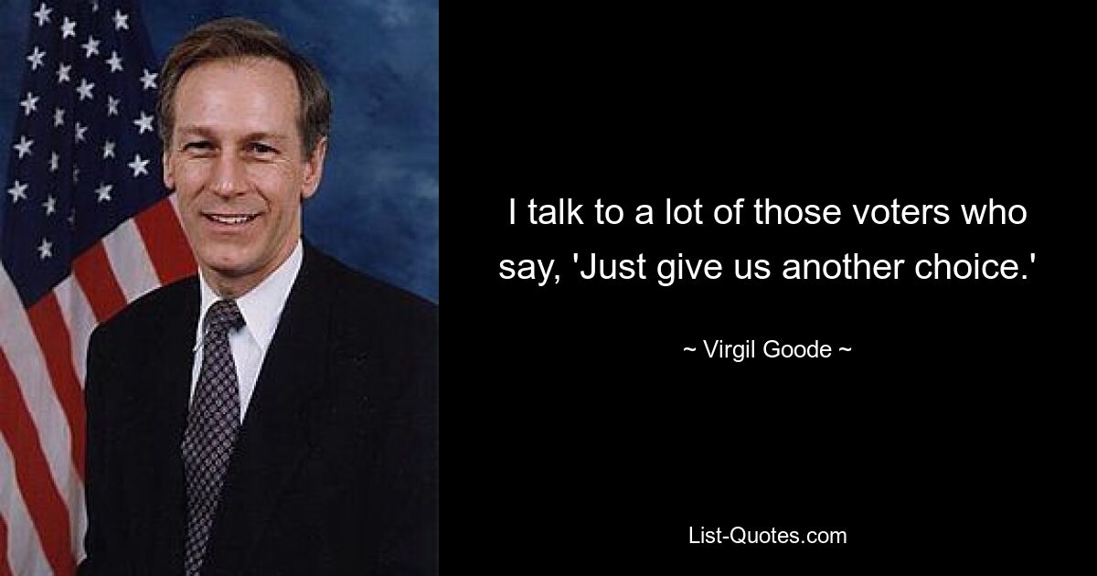 I talk to a lot of those voters who say, 'Just give us another choice.' — © Virgil Goode