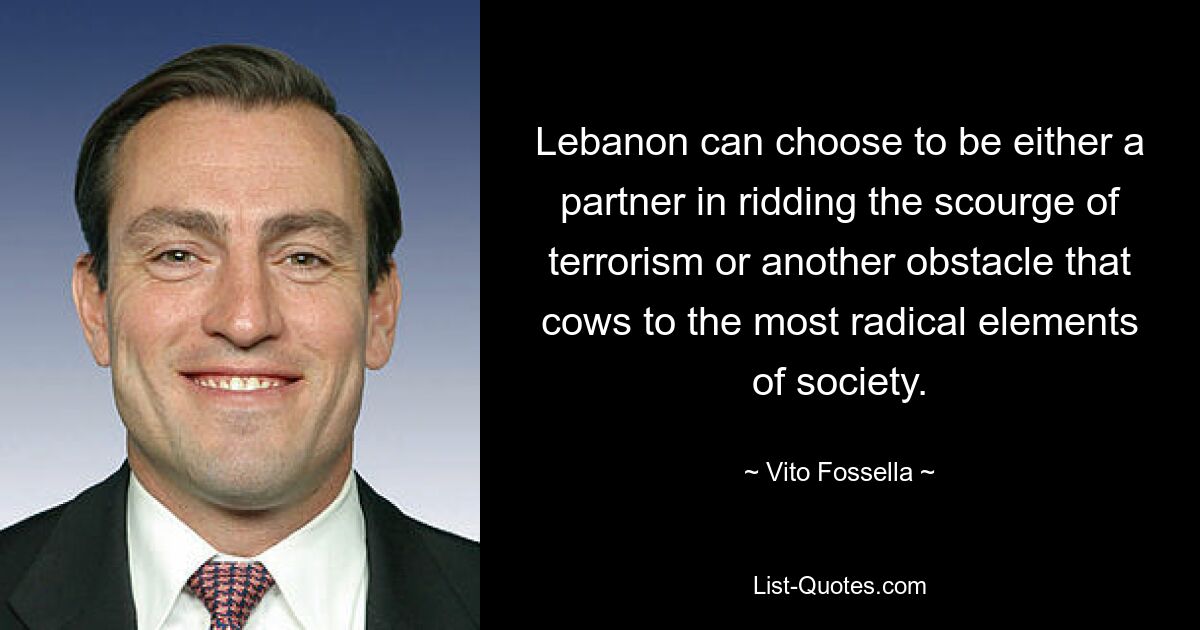 Lebanon can choose to be either a partner in ridding the scourge of terrorism or another obstacle that cows to the most radical elements of society. — © Vito Fossella