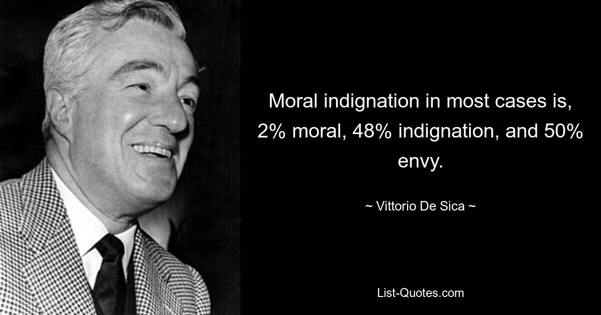 Moral indignation in most cases is, 2% moral, 48% indignation, and 50% envy. — © Vittorio De Sica