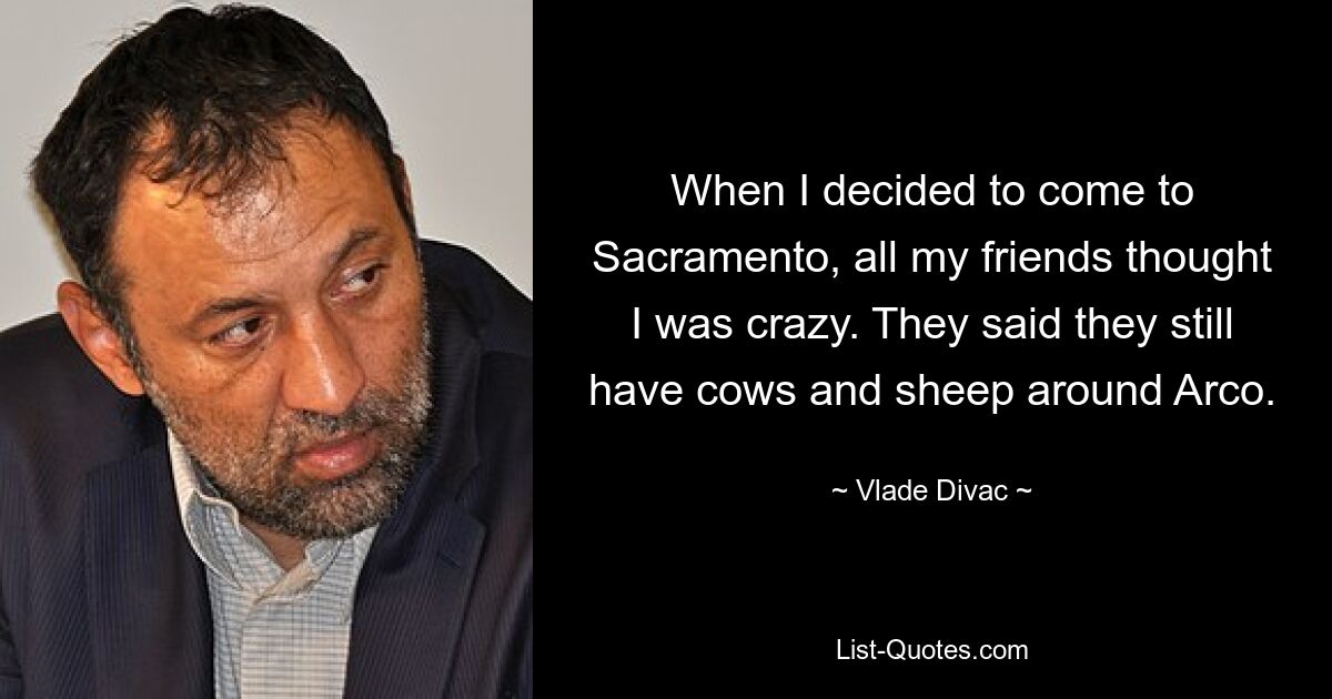 When I decided to come to Sacramento, all my friends thought I was crazy. They said they still have cows and sheep around Arco. — © Vlade Divac